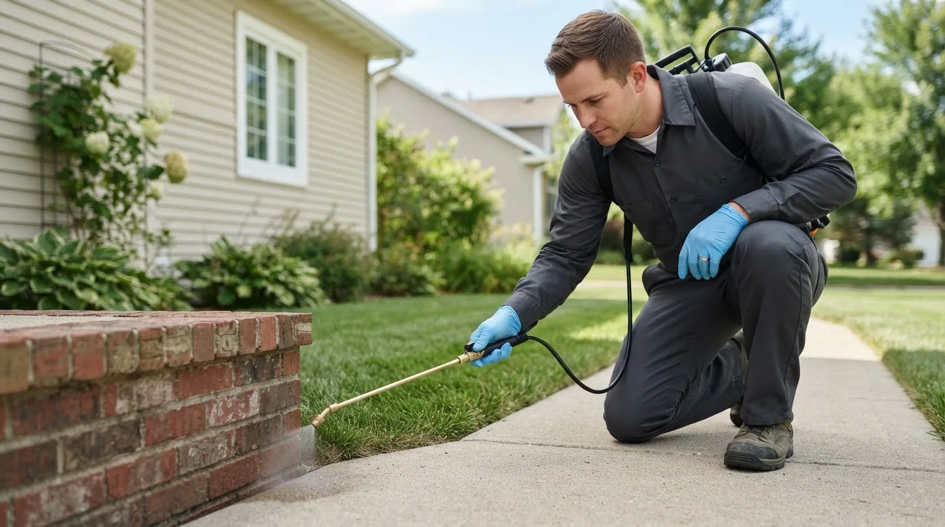 Pest control technician treating a home near Scotland, PA